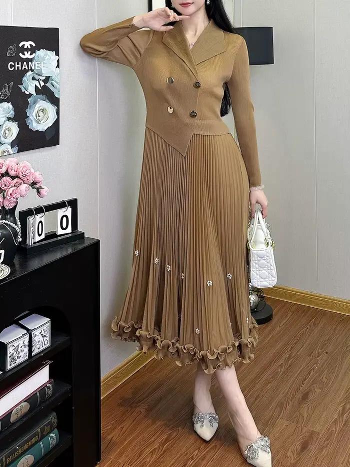 EGRM Miyake robe longue plissée automne offre spéciale femmes Double boutonnage taille cintrée minceur haut de gamme élégant jupe polyvalente