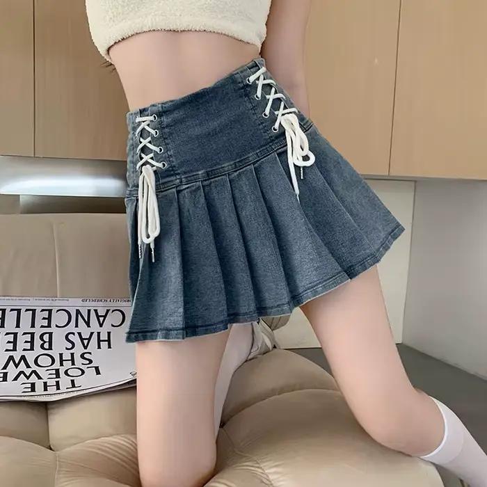 Denim jupes plissées femmes mignon à lacets Chic fille été Mini jupe Style coréen mode Sexy taille haute Streetwear collège