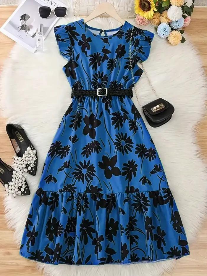 Jupe longue verte à fleurs chic pour adolescente avec ceinture - Décontractée