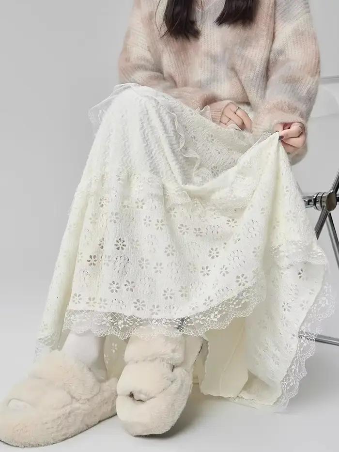 Vent doux taille haute a-ligne dentelle épissage jupe longue femmes conte de fées gâteau