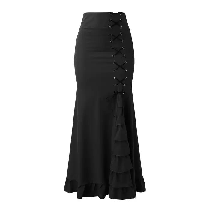 Vintage gothique longues jupes de fête femmes à lacets bord à volants Punk queue de poisson jupe nouvelle taille haute