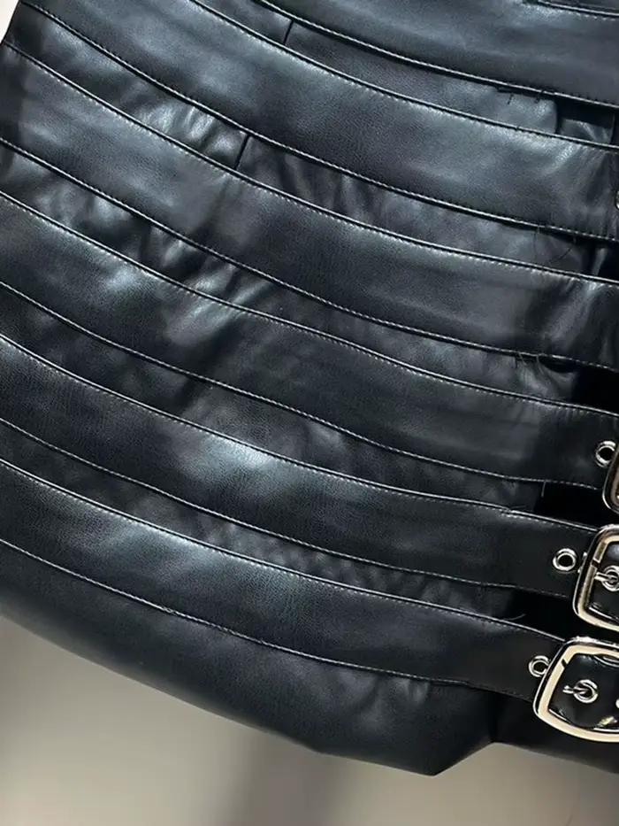 DEAT Mini-jupe tendance pour femme en similicuir PU à ceintures multiples