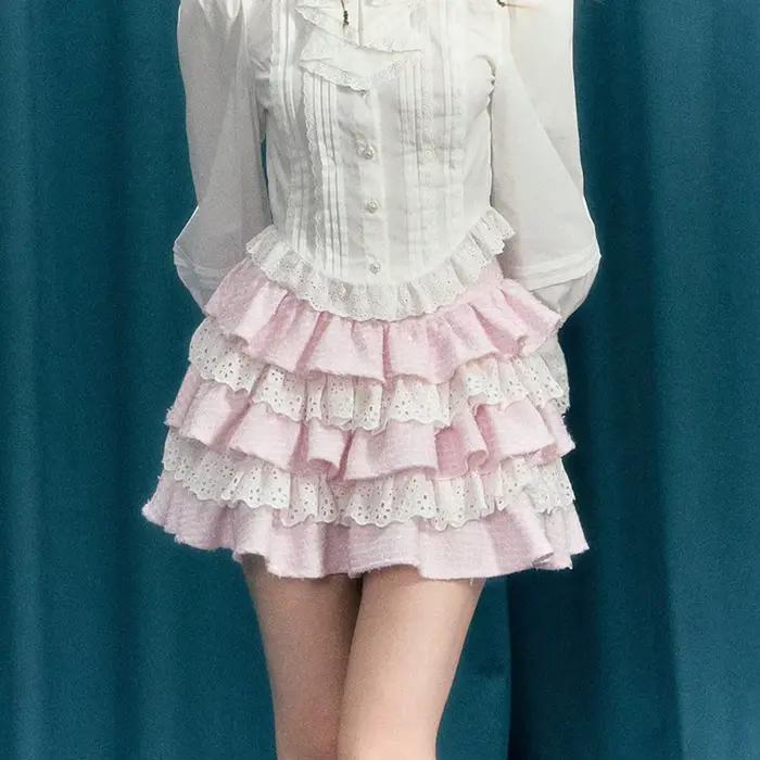 Jupe Gaono Lolita Kawaii en polyester et élasthanne avec dentelle pour style Y2K et occasions spéciales