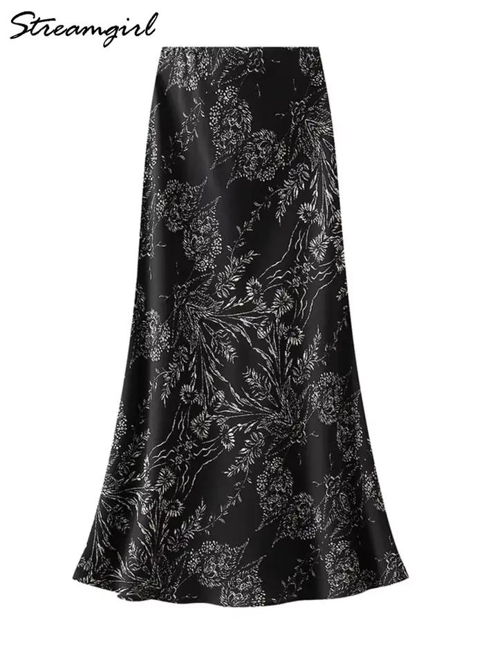 Vintage imprimé jupes femmes longue une ligne Satin