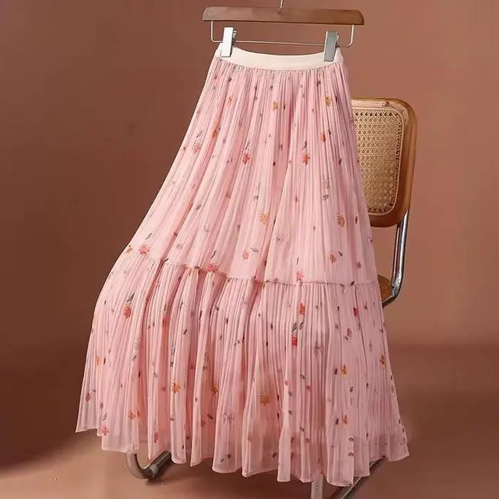 Vintage imprimé fleuri une ligne rose jupes femmes 2025 Casaul mode coréenne Y2k vêtements taille haute Harajuku jupe longue plissée
