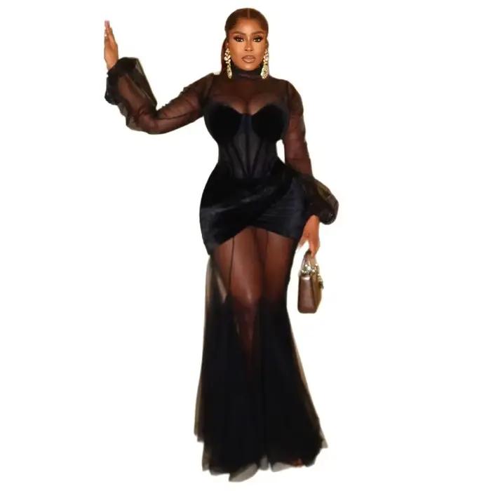 Robe longue pour femmes, Sexy, Y2k, Streetwear, portefeuille, hanche, épissure élégante, fête, travail de nuit, manches longues, taille haute, 2025