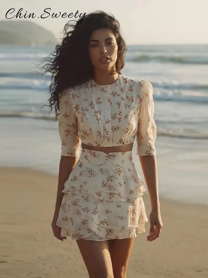 Ensemble jupe courte plissée à motifs floraux pour femme haute couture printemps été 2026 style mode occassions spéciales