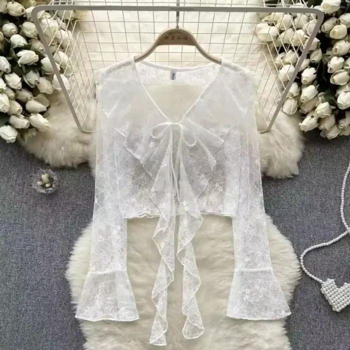 Manches longues mince respirant T-shirts femmes dentelle nœud Cardigan Blouse vêtements volants protection solaire