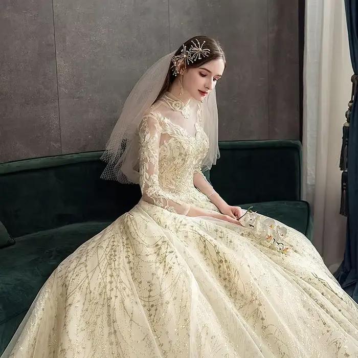Robe De mariée Champagne avec traîne longue personnalisée, manches longues, nouvelle mode vintage, col haut, robe De bal, grande taille