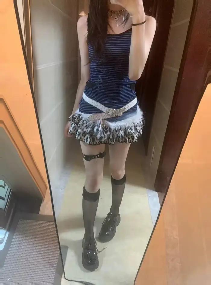 Jupe en jean Y2K à imprimé léopard vintage gothique d'été pour femme