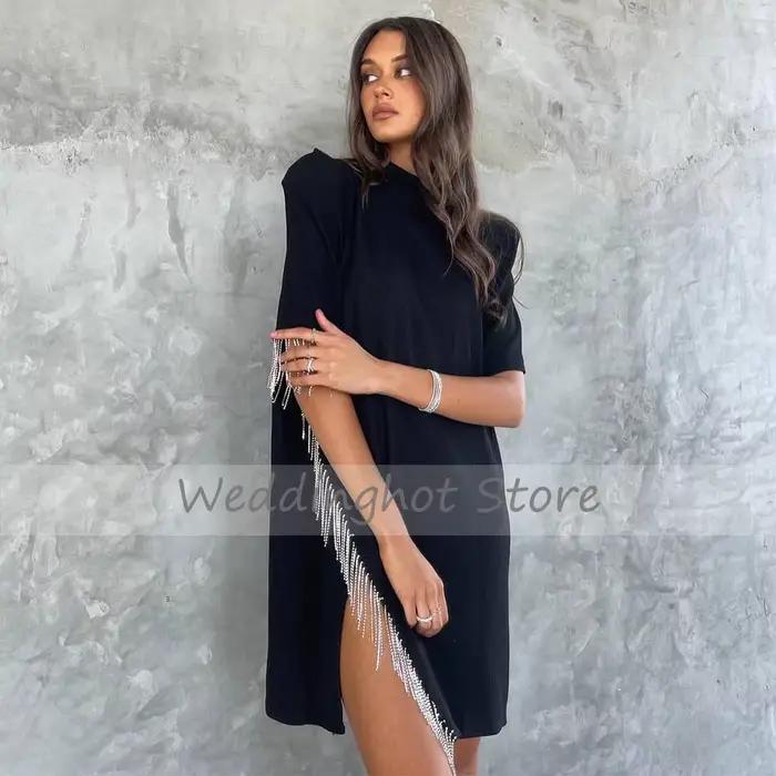Robes de soirée noires pour femmes, col haut colonne, demi-manches, quelle que soit Mini Rotterdam Kle Crystal Tassel, robe de cocktail courte, 2023