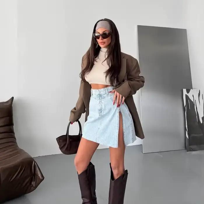 Jupe en jean asymétrique taille haute style euro-américain pour femme