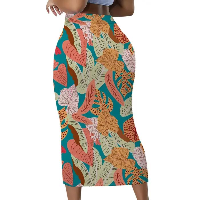 Jupe à imprimé tropical, jupe midi bohème, jupe à motif de feuilles, jupe crayon taille haute, tenue de plage estivale, S-2XL