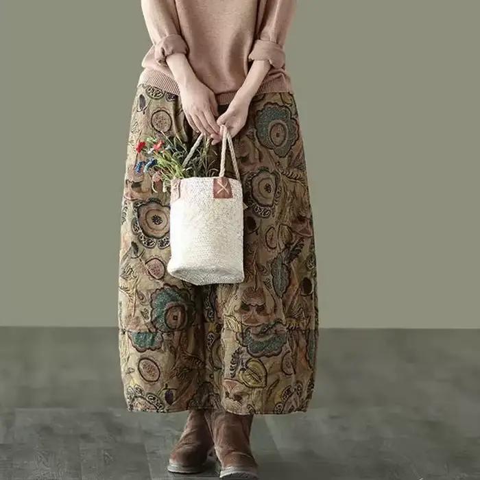 Jupe mi-longue rétro en coton et lin à imprimé floral artistique