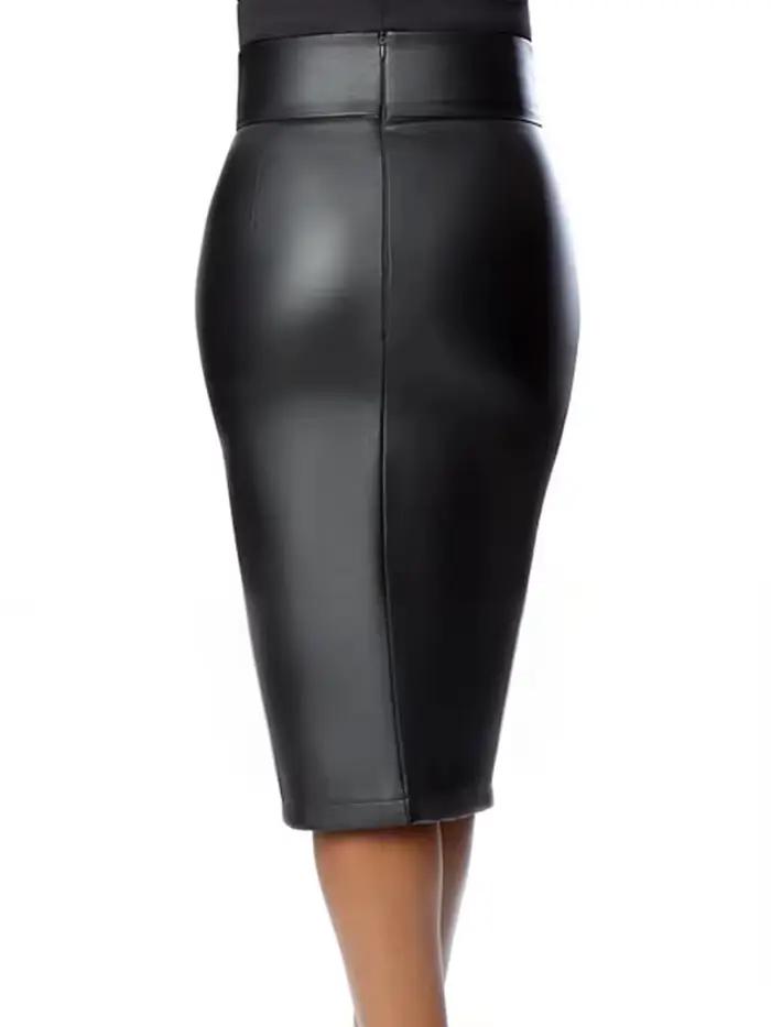 Jupes mi-longues en cuir noir pour femmes, taille haute, longueur au genou, fête, bureau, dame commandée, jupe crayon mince, ourlet fendu, personnalisé, 256