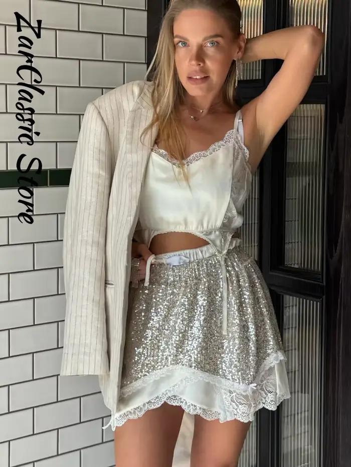 Ensemble jupe mini à sequins sexy et haut à bretelles sans manches en dentelle
