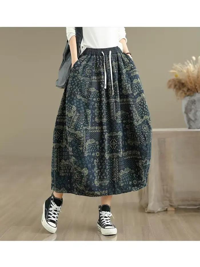 Jupe florale taille haute pour femmes, nouvelle jupe trapèze en Denim surdimensionnée, Vintage, décontractée, taille élastique, automne 2025