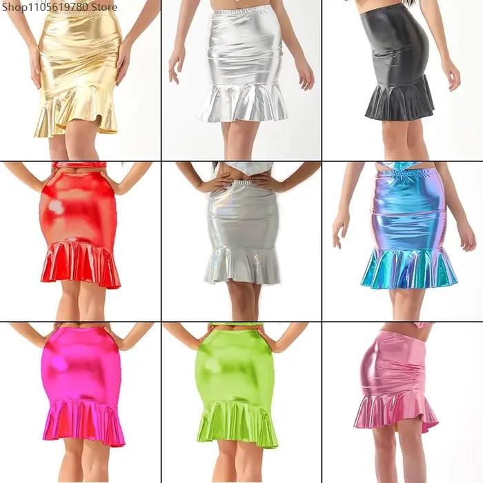 Jupes crayon pour femmes, style clubwear, en cuir verni brillant métallisé, avec ourlet à volants, coupe sirène, pour cocktails, soirées, raves et carnaval