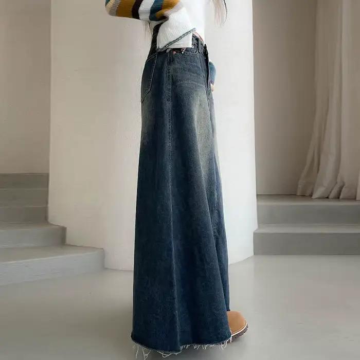 Vinatge une ligne Denim jupes longues femmes 2026 printemps taille haute Midi jean jupe femme coréenne Streetwear