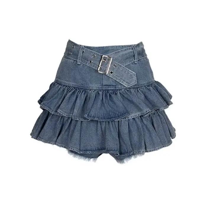 Mini jupes en denim plissées à volants pour femmes