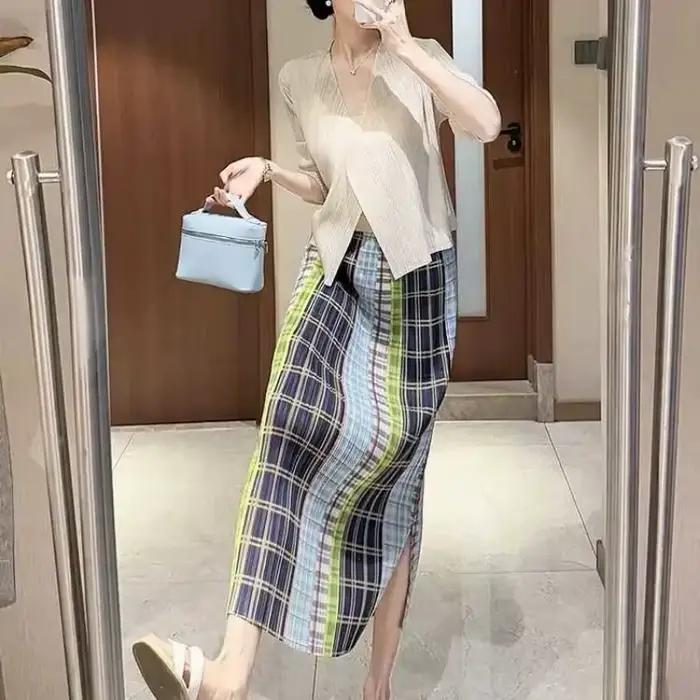 Jupe midi plissée à carreaux colorés pour femme, taille haute, fente latérale, jupe décontractée