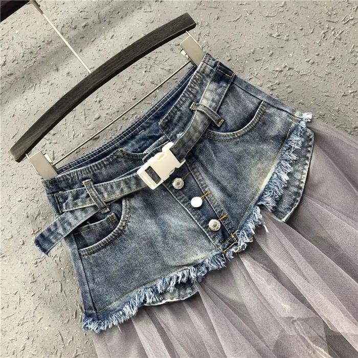 Punk femmes Denim jupes maille Patchwork Jean jupe Y2K taille haute une ligne asymétrique Tulle