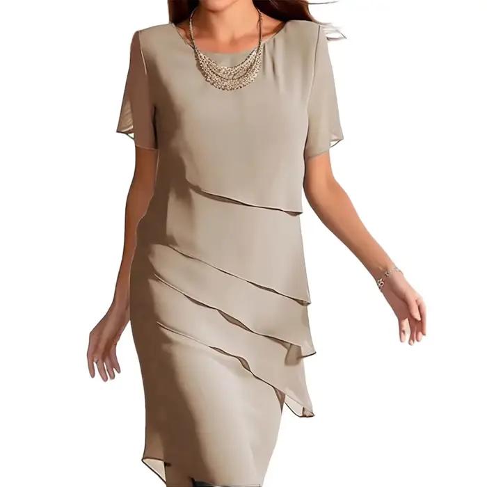Robe mi-longue en mousseline de soie pour femmes, ligne a, col rond, manches courtes, élégante, robe de soirée, couleur unie, été 2025