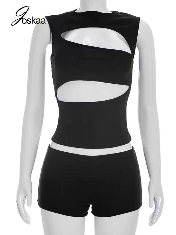 Ensemble décontracté côtelé 2 pièces Joskaa pour femme – Nouveauté été 2026 – Débardeur sexy ajouré + short assorti – Tenue de plage et streetwear