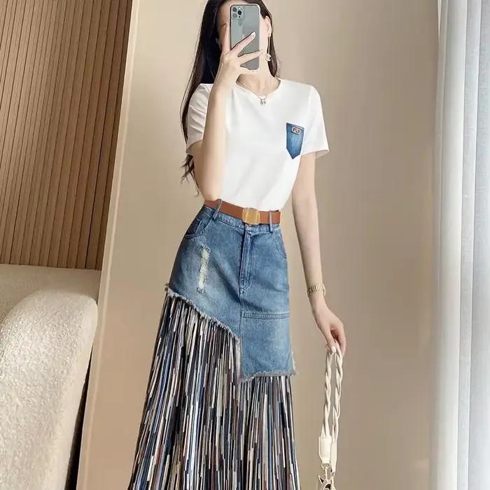 Ensemble jupe en jean deux pièces pour femmes, tenues féminines, bureau, midi, haut de style coréen, vêtements astronomiques, luxe, promotion, nouveau, 2025