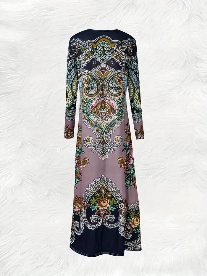 Robe à manches longues style ethnique décontractée mi-longue pour femme, mode automne-hiver, coupe trapèze, couleur unie, ajustement ample