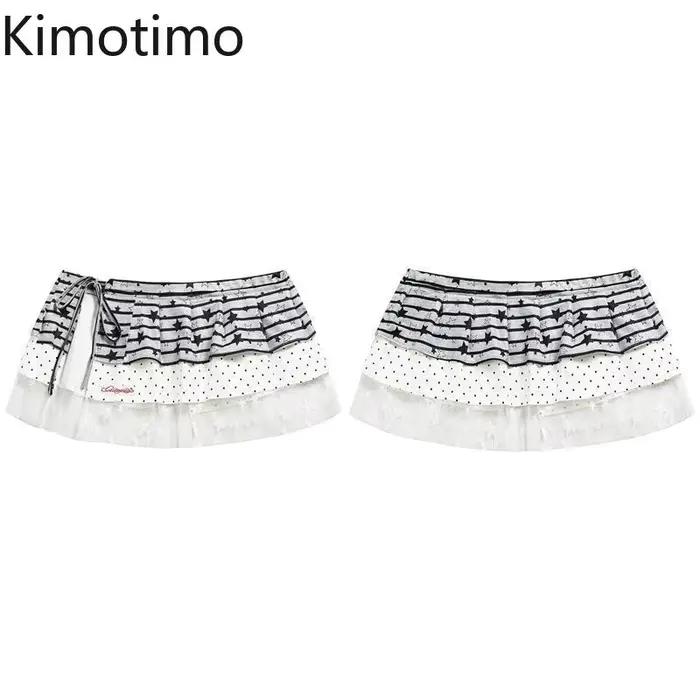 Kimotimo American Street Star Dot imprimé Patchwork à lacets gâteau jupe femmes doux Y2k esthétique polyvalent a-ligne Mini jupes