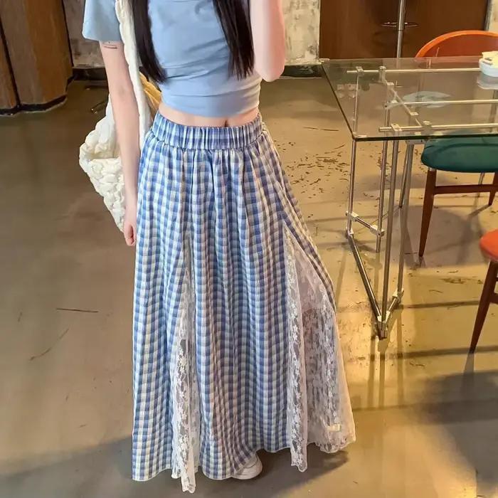 Jupe longue évasée en polyester à carreaux avec dentelle