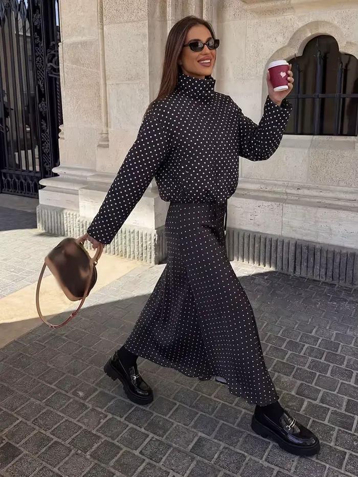 Ensemble jupe et manteau vintage noir à pois pour femme HH – Veste à col roulé à manches longues