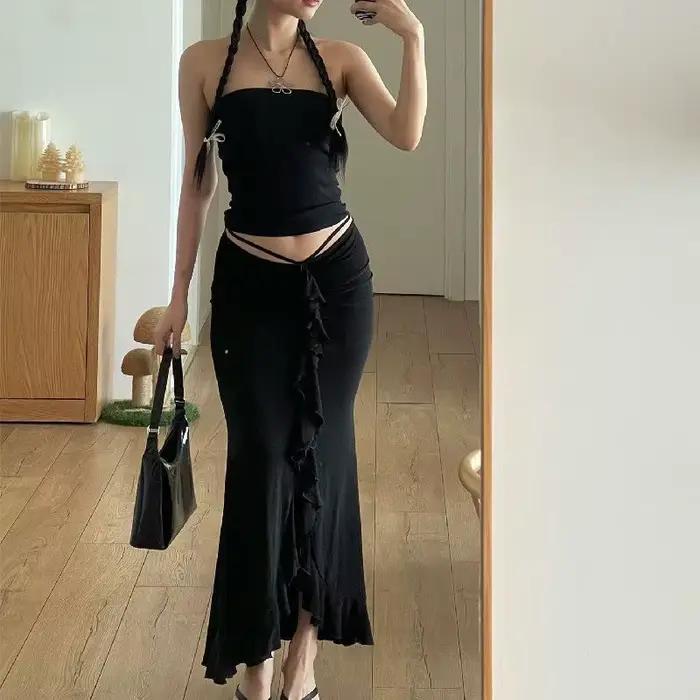 Jupe plissée mi-longue taille basse pour femme