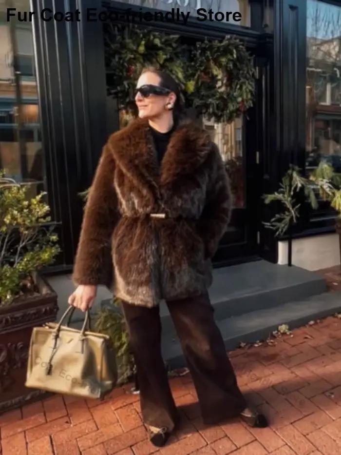 Manteau en fausse fourrure écologique pour femme, nouveau modèle chaud, avec ceinture, noir, veste moelleuse, vêtement d'extérieur en fausse fourrure, collection printemps