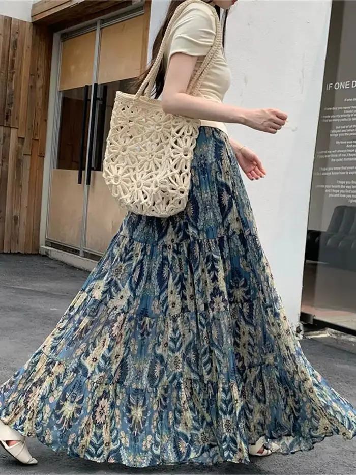 Jupes longues en mousseline de soie de style ethnique bohème pour femmes