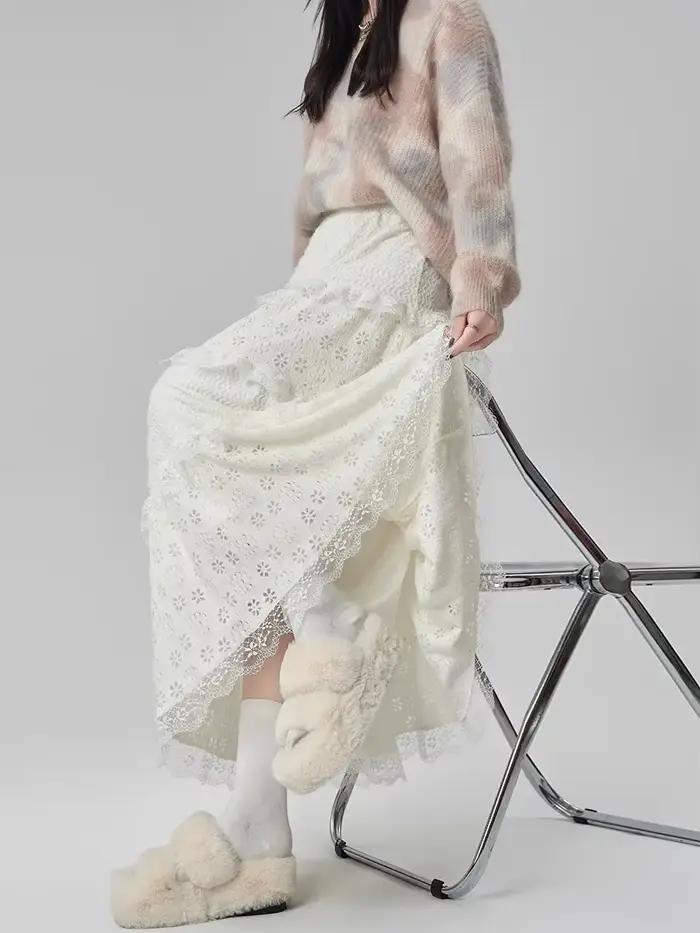 Vent doux taille haute a-ligne dentelle épissage jupe longue femmes conte de fées gâteau