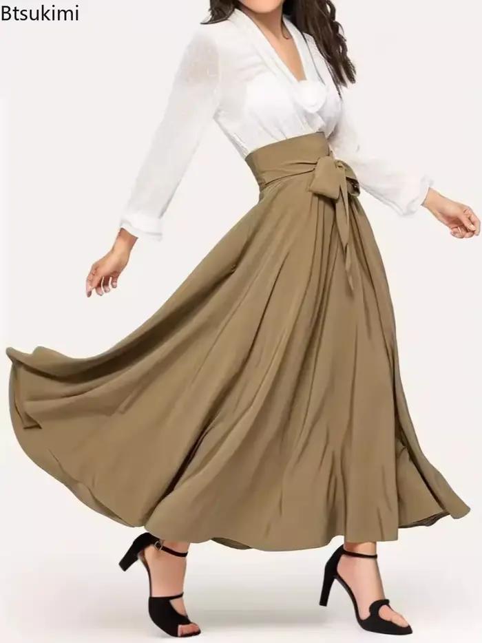Jupe longue plissée taille haute pour femme 2026