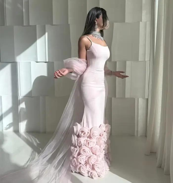 Robe de soirée longue rose transparente à motifs floraux, sur mesure, style rétro, en jersey unisexe, pour occasions spéciales, Dubaï, Arabie Saoudite, bal de promo, personnalisable