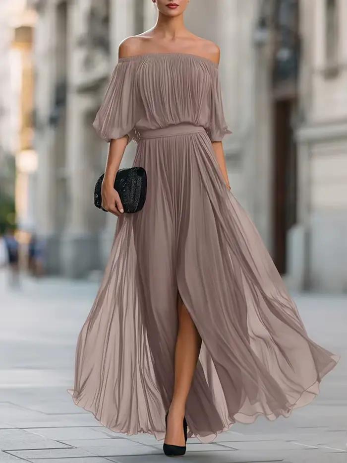 Robe longue décontractée pour femme à manches mi-longues, unie, élégante, fendue, taille haute, en mousseline, pour soirée, sexy, épaules dénudées, pour les vacances d'été