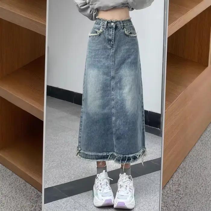Jupe mi-longue en jean taille haute coupe trapèze pour femme