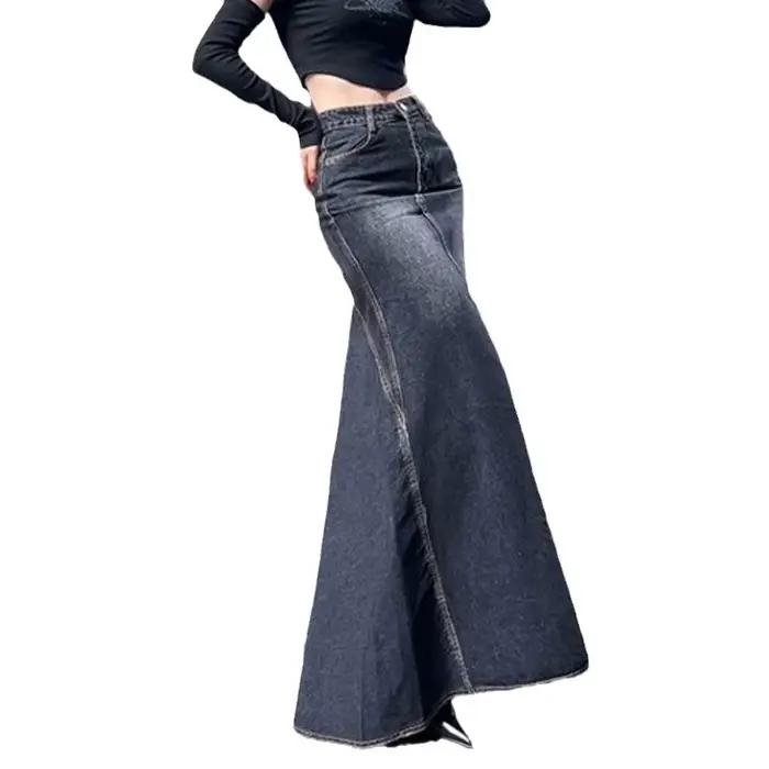 Maxi jupe femmes décontracté sirène Streatwear taille haute fermeture éclair Denim jupes Y2k Streetwear ample longue maman jean cheville longueur été