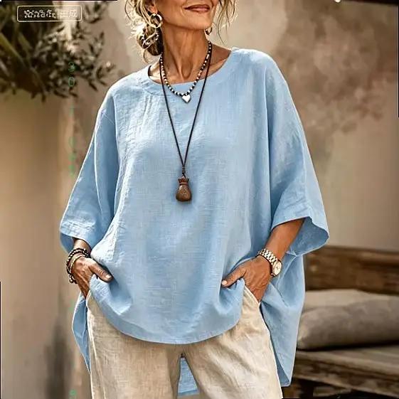 Chemisier Tunique Femme Ample Décontracté Manches Courtes T-shirt Printemps Été Coton Lin