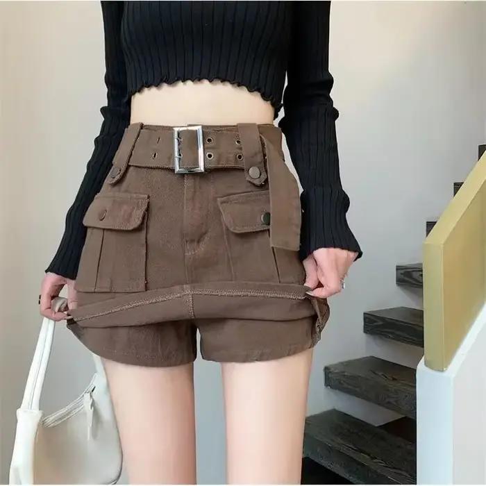 2025 nouvelle mode jupe Cargo femmes avec ceinture taille haute printemps et automne a-ligne Streetwear Denim jupes femme