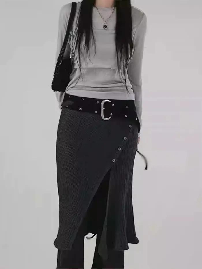 2025 bas femmes mode rue Design fil tricoté boucle décontractée cravate fendue demi-corps jupe pantalon deux pièces