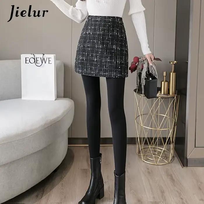 Jielur Femmes Jupe A-ligne Slim Taille Haute Fermeture Éclair Automne Hiver Noir Mini Jupes
