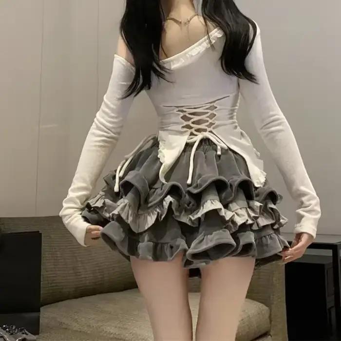 Gâteau bouffant jupes femmes conçu Hotsweet fille a-ligne gris Baggy mignon plis tout-match Mini Y2k jupe femme élégant Ulzzang Chic