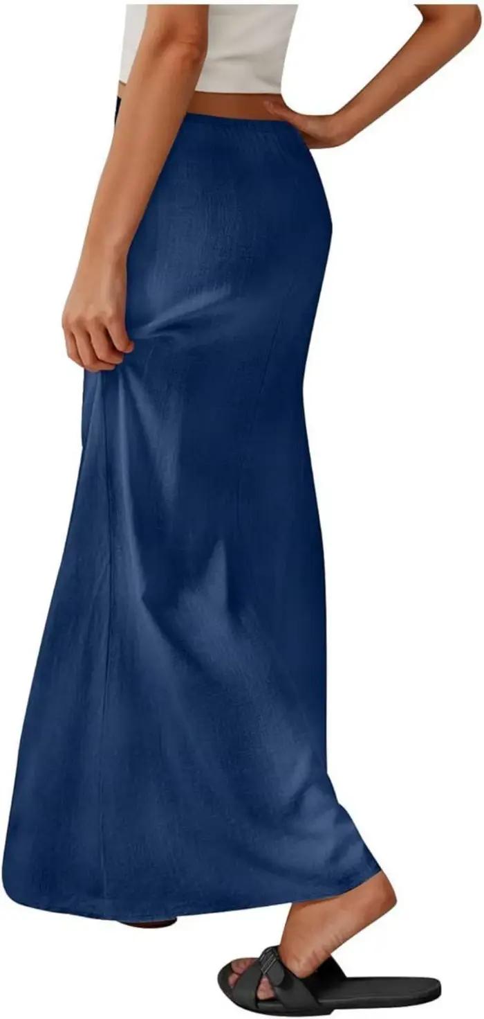 Été décontracté solide lin a-ligne longues Skirs pour femmes 2025 mode cordon taille ceinture élégante dérive Jupe