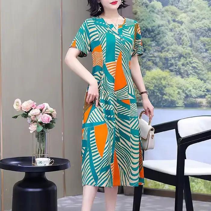 Robe Grande Taille Boho Vintage Imprimée à Manches Courtes pour Femmes Occasions Estivales Plage Fêtes Soirées