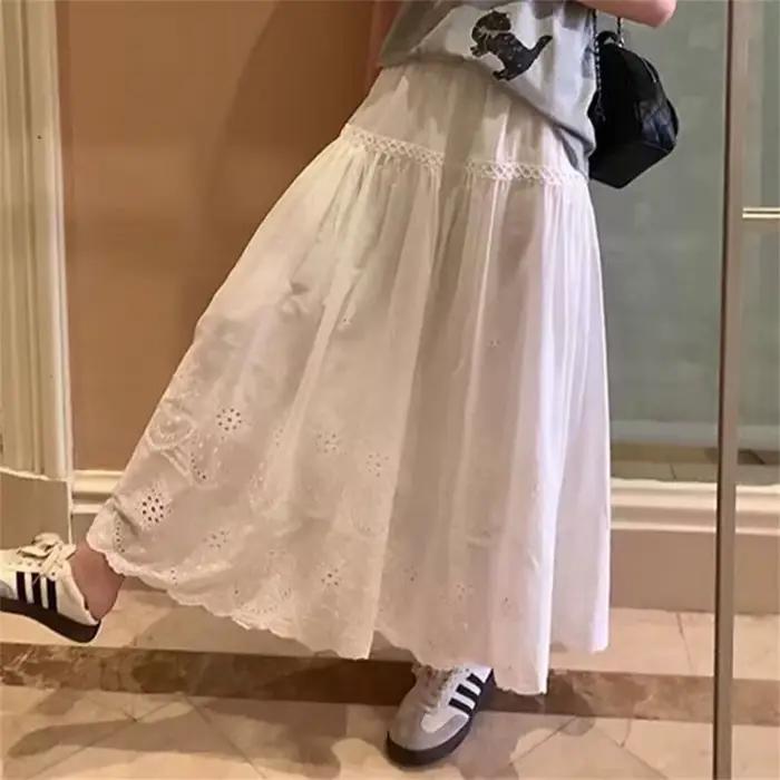 Jupe en coton blanc décontractée pour jeunes filles printemps été 2025 style une ligne ajustement empire longueur mi-mollet a-ligne